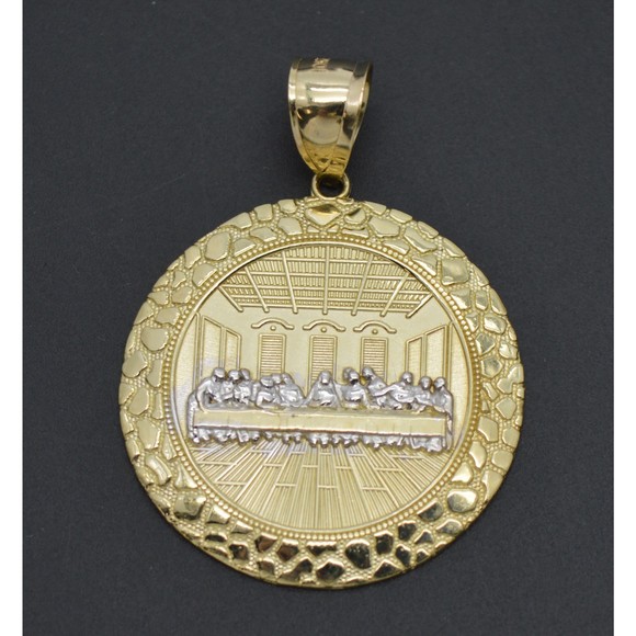 10k Solid Gold Last Supper Round Jesus Medallion Nugget Charm Pendant 32mm 6.7gr - Picture 2 of 7